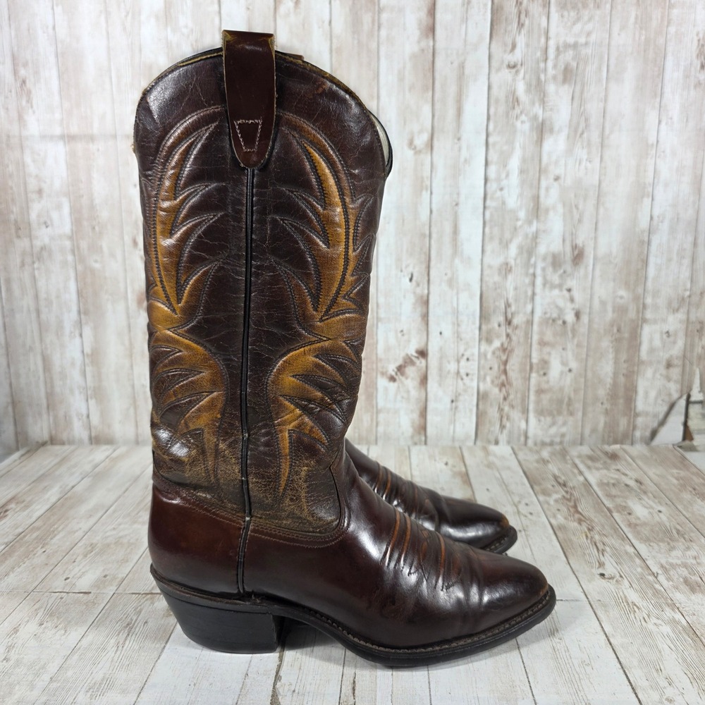 Texas Brand Mens Vintage Brown Leather Cowboy Western Boots Made in USA 7.5D